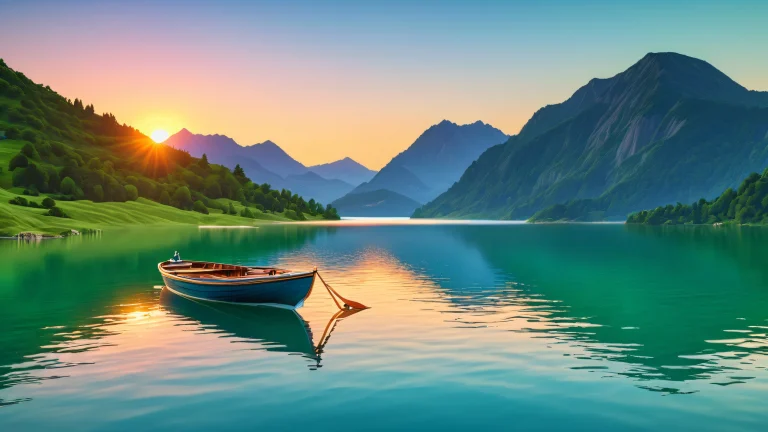 A serene boat scene at sunset with hills in the background, featuring warm colors and soft water blues.