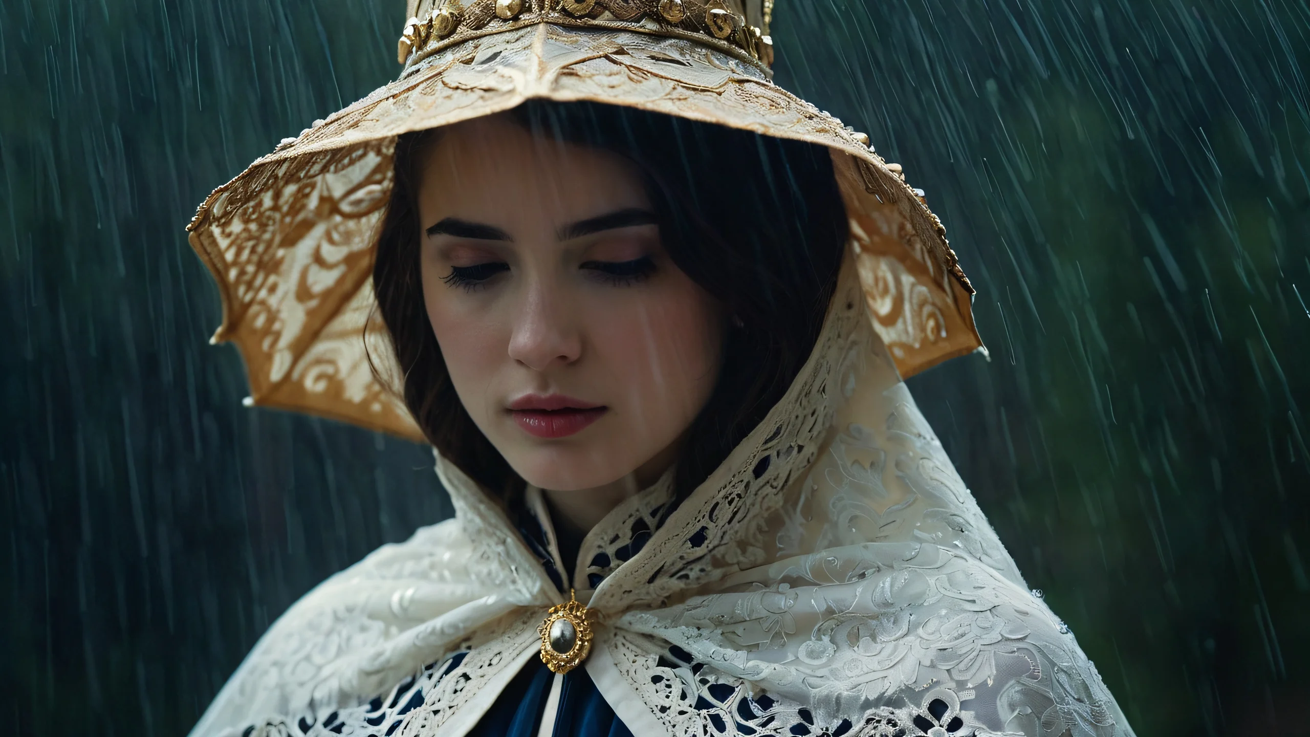 Epic Whispers on Velvet Desktop Wallpaper A close-up image of intricate brocade and lace textures on a hero's cape and hat, with subtle rain droplets adding depth and dimension.