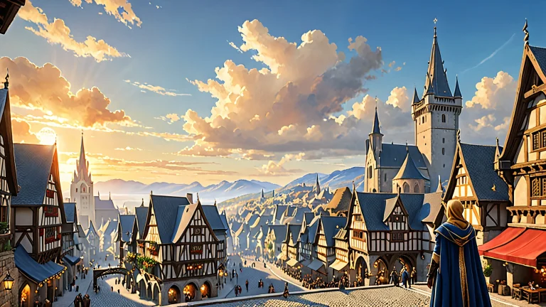 The Thieves Guild Leader standing tall on a rooftop overlooking the bustling market square of Whiterun on a desktop or PC, with detailed medieval cityscape and warm golden hour lighting.