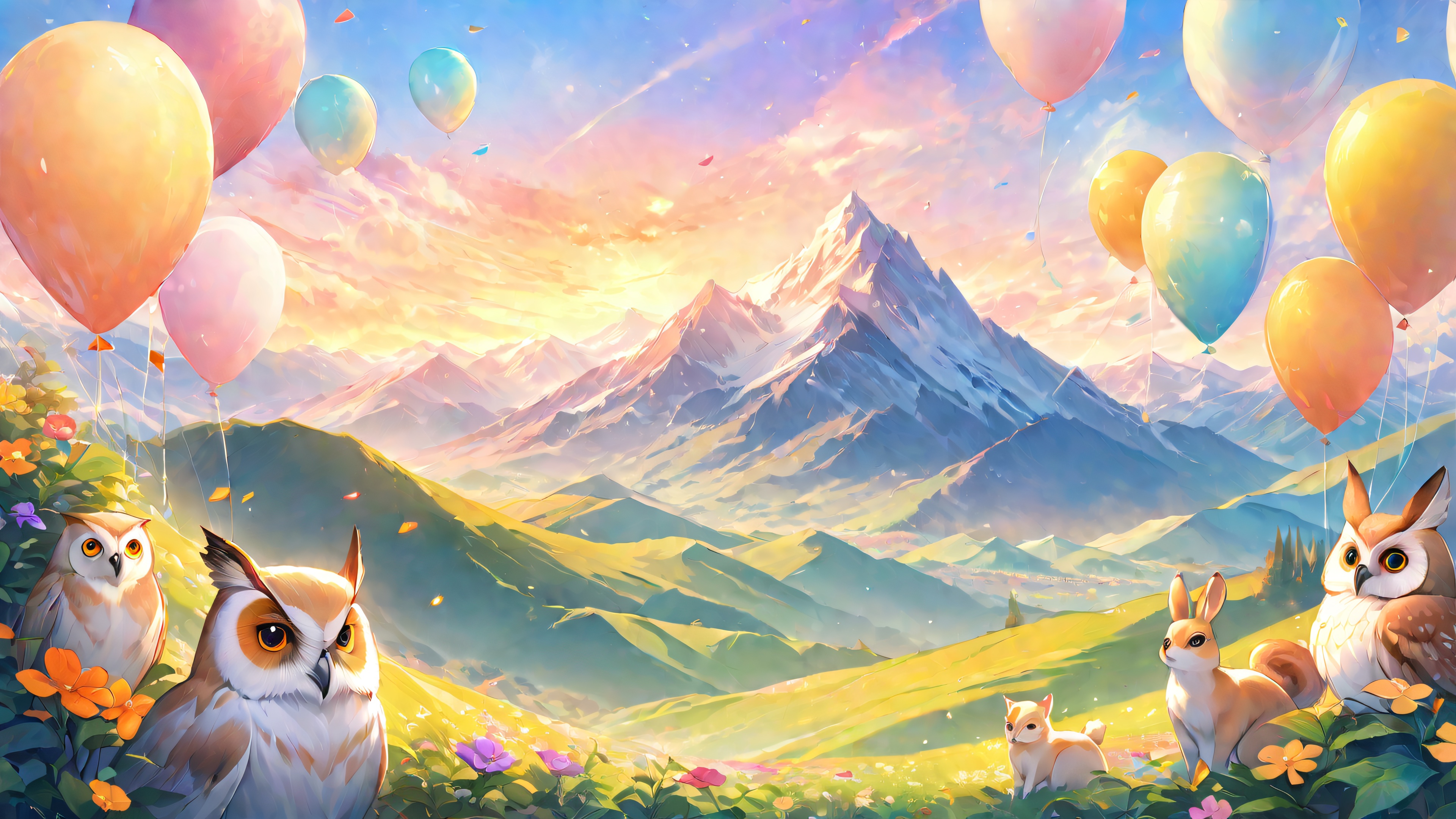 A group of anthropomorphic animals gather around a picturesque mountain peak at sunset, surrounded by colorful flowers and lush greenery.