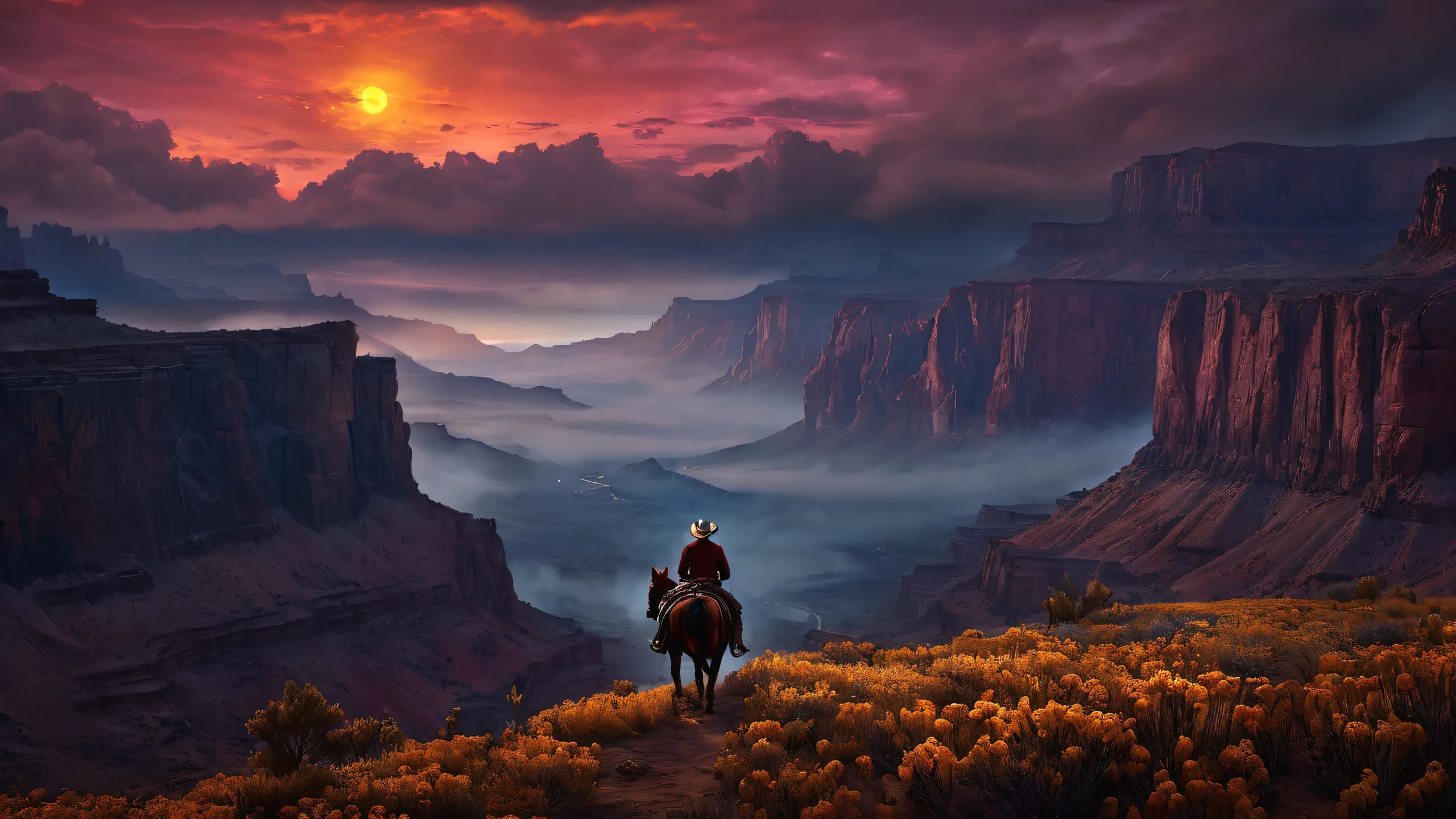 A dramatic and highly detailed western desktop wallpaper featuring a cowboy against a dark night sky with rich earthy tones. Perfect for PC or Desktop.
