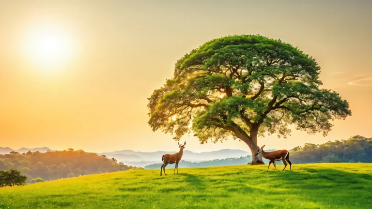 A serene wildlife scene with animals surrounded by a lush forest and a warm sunrise in the background.