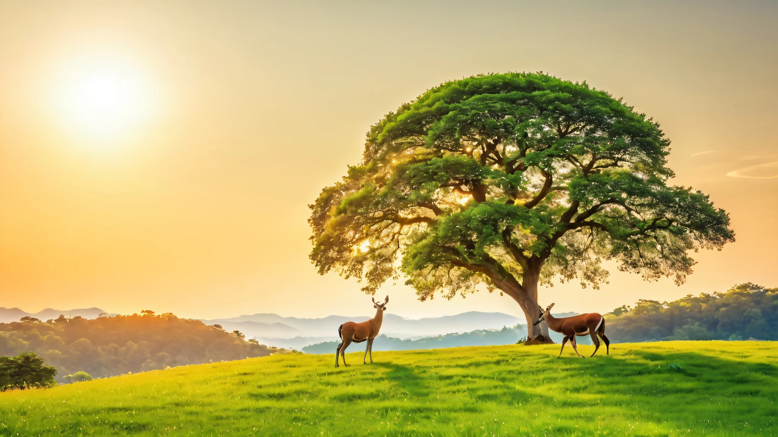 Wildlife Forest Sunrise Aesthetic PC Wallpaper A serene wildlife scene with animals surrounded by a lush forest and a warm sunrise in the background.