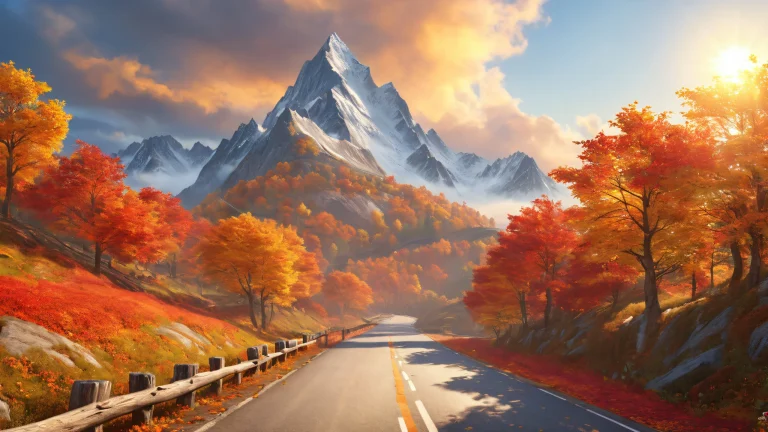 A serene desktop scene of a winding mountain road amidst autumn leaves and misty clouds, Perfekt für Ihren PC oder Laptop.