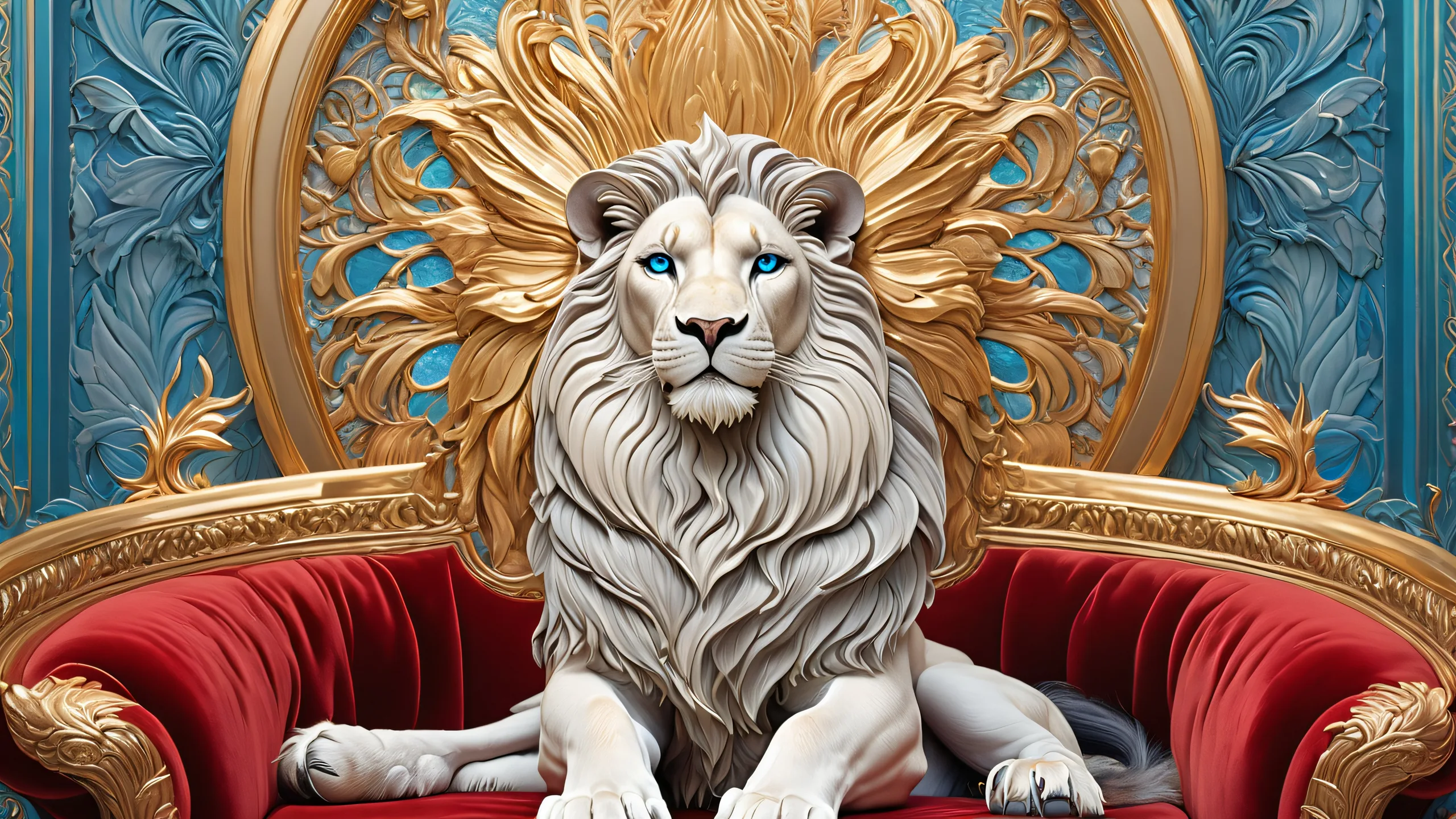 A whimsical illustration of a majestic beast sitting regally on a plush velvet throne, surrounded by delicate patterns and a beautiful maiden. For desktop/pc.