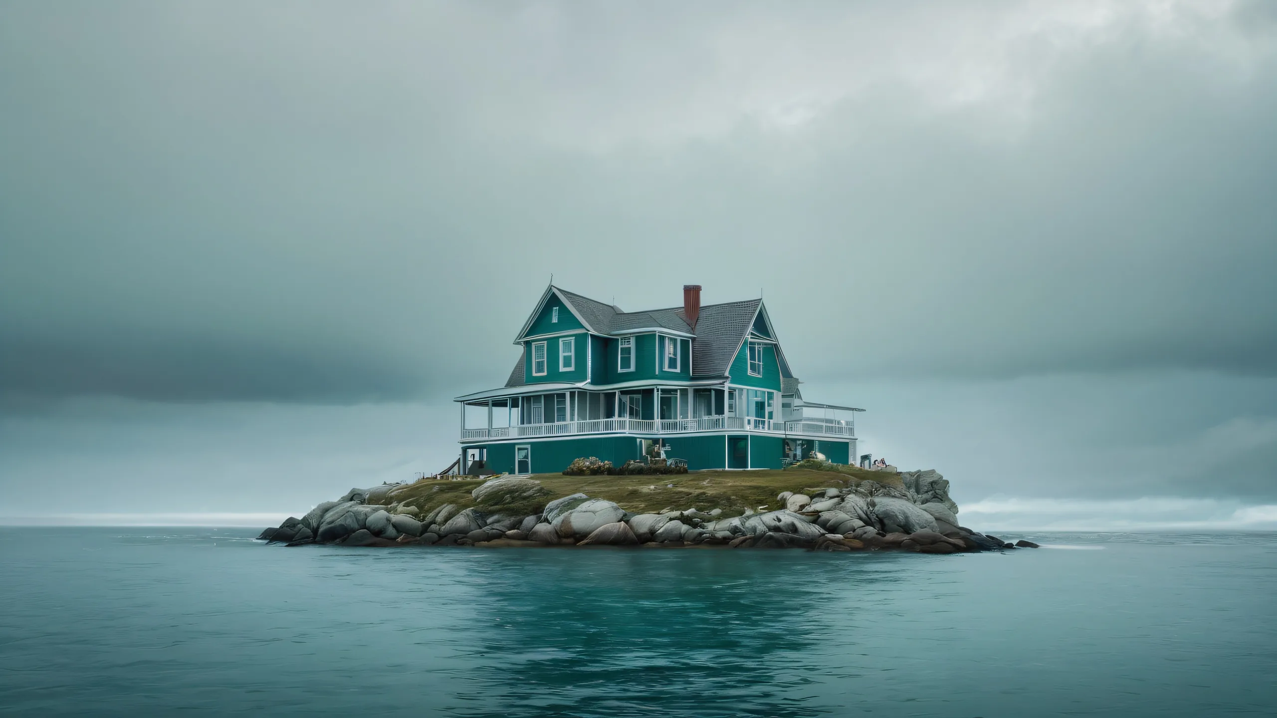 A peaceful winter scene of a house overlooking the sea and cloudy skies on a desktop or PC.