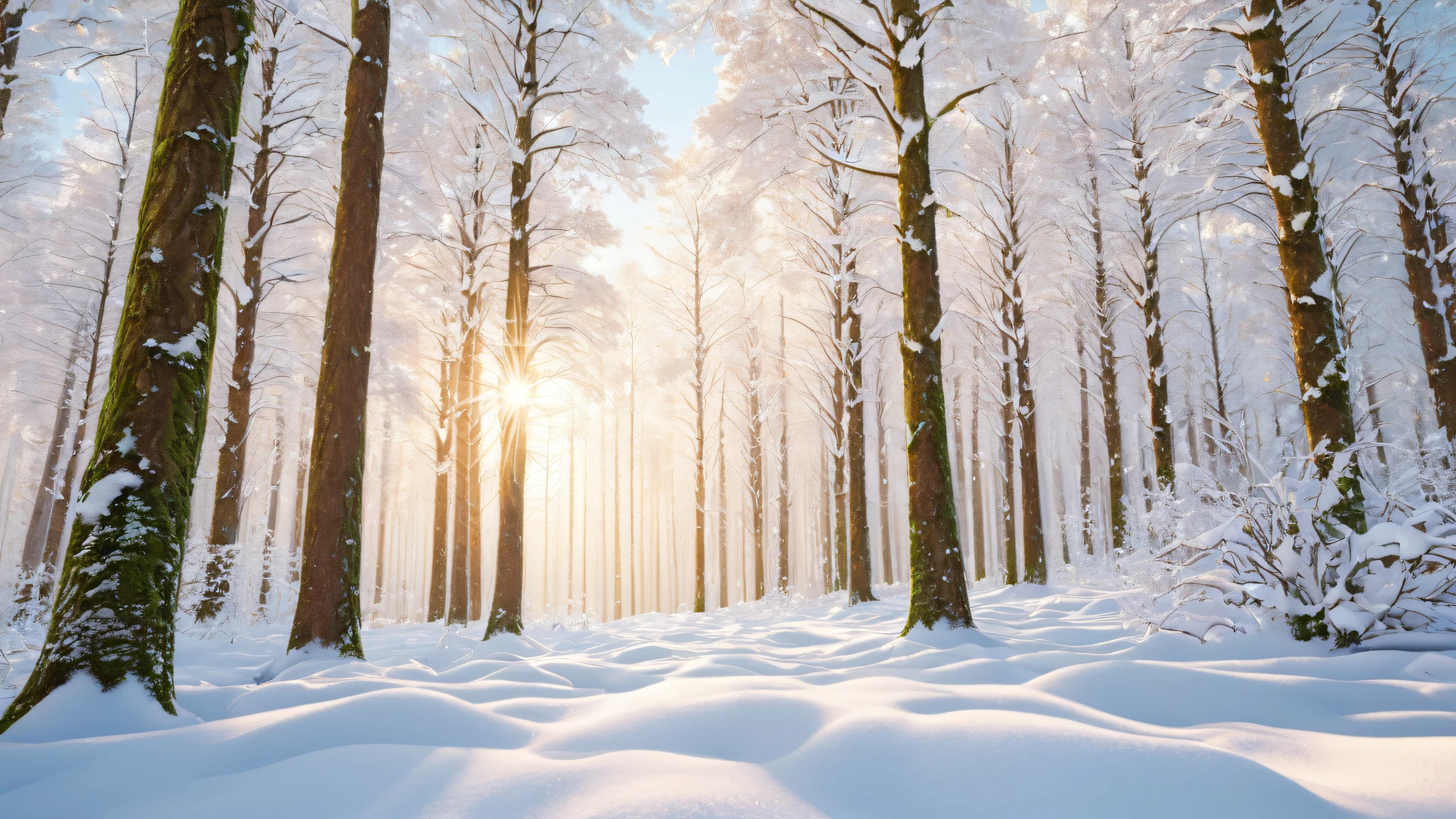 Winter Forest Serenity Aesthetic PC Wallpaper A serene winter forest scene with realistic trees and soft snow lighting