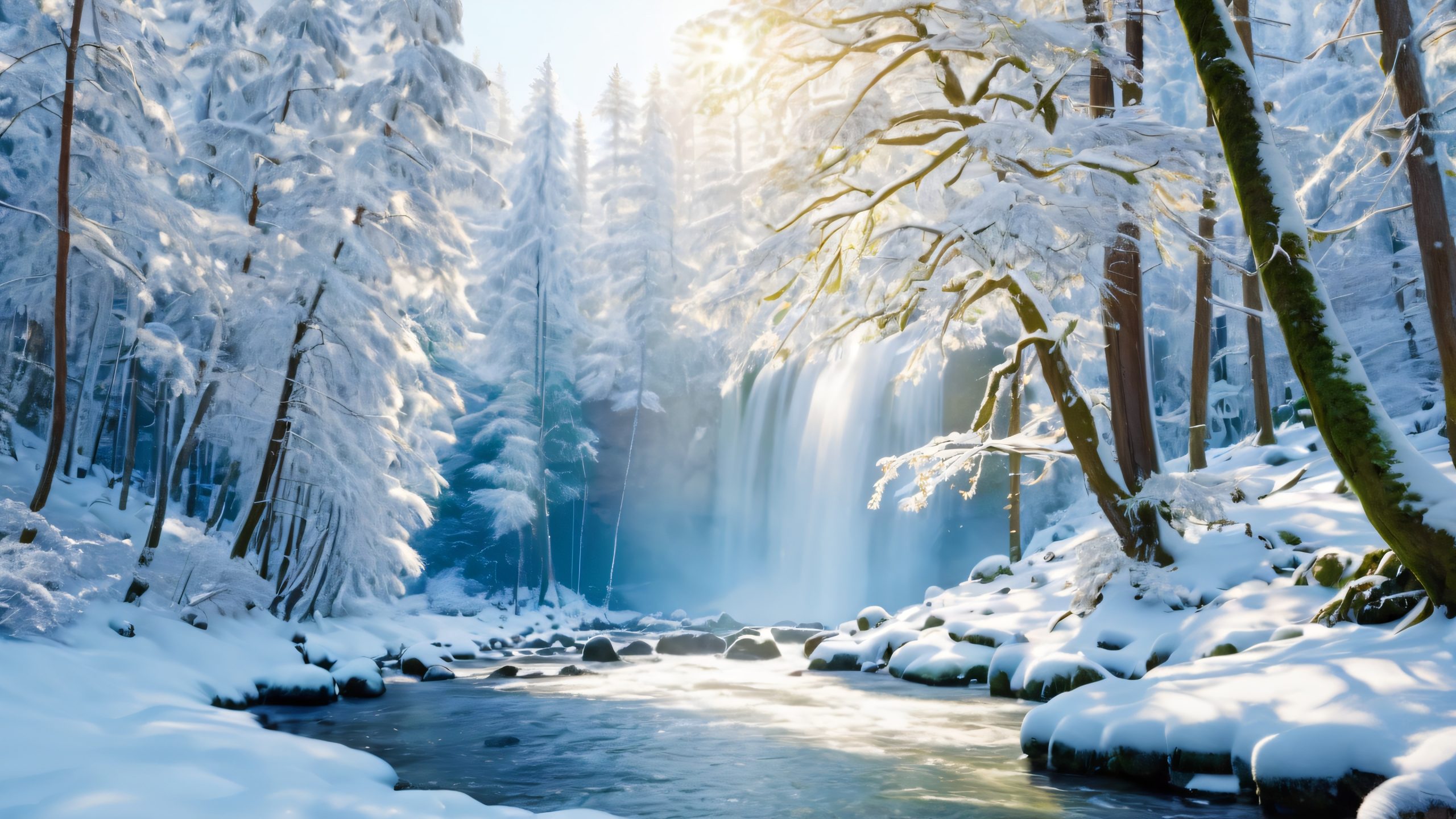 A tranquil winter scene of a waterfall surrounded by snow-covered evergreen trees and a blue winter sky, perfect for a desktop or PC.