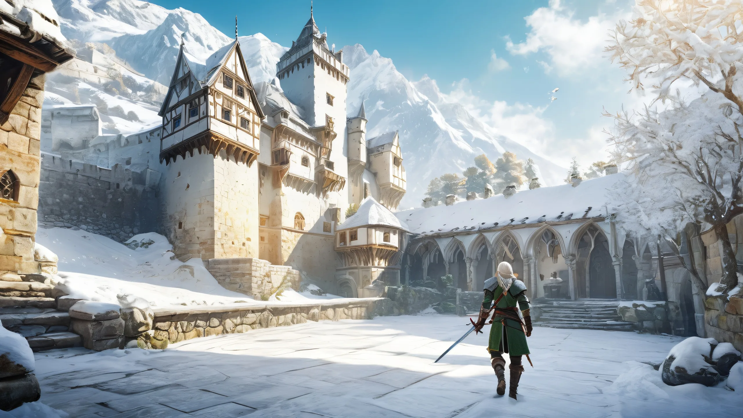 Winter's Fury Unleashed Aesthetic PC Wallpaper Young adult witcher trainee in a snow-covered courtyard of Kaer Morhen during a harsh winter morning, with dynamic swordplay and realistic human figures on desktop/pc.