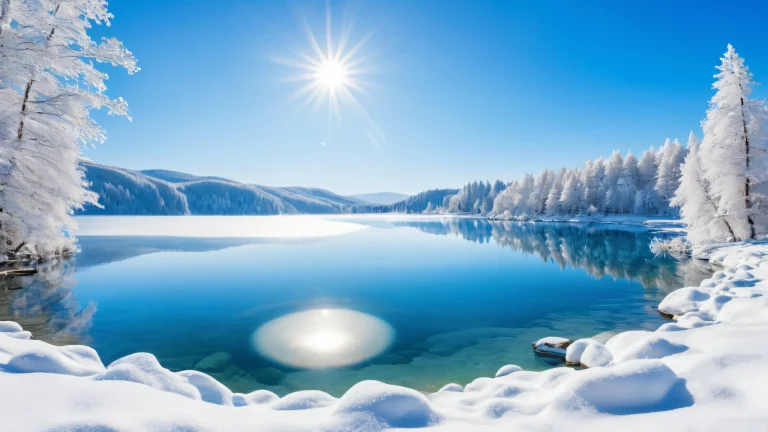 A serene winter lake scene with a sunny blue and white sky