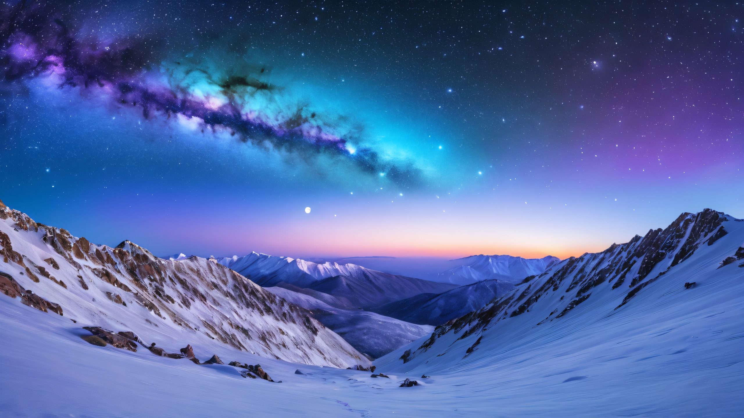 A majestic winter nebula hangs low in the night sky above Tajine Mountain, with icy blue and purple hues dancing across the wispy tendrils, for desktop/pc use.