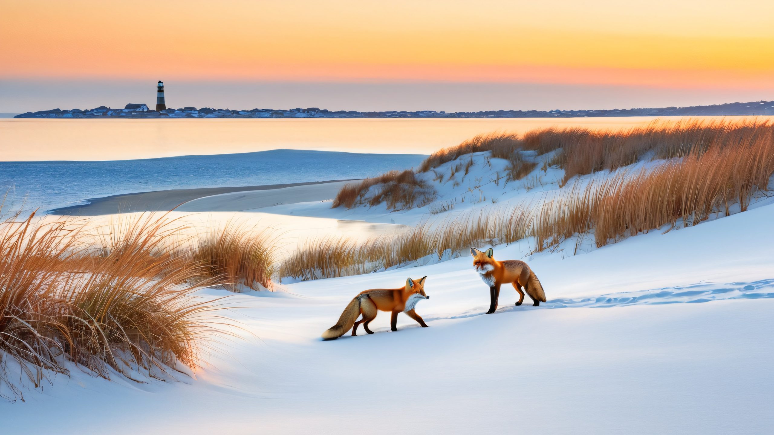 Majestic red fox in a winter wonderland scene, snow-covered dunes, and coastal landscape, suitable for desktop/PC