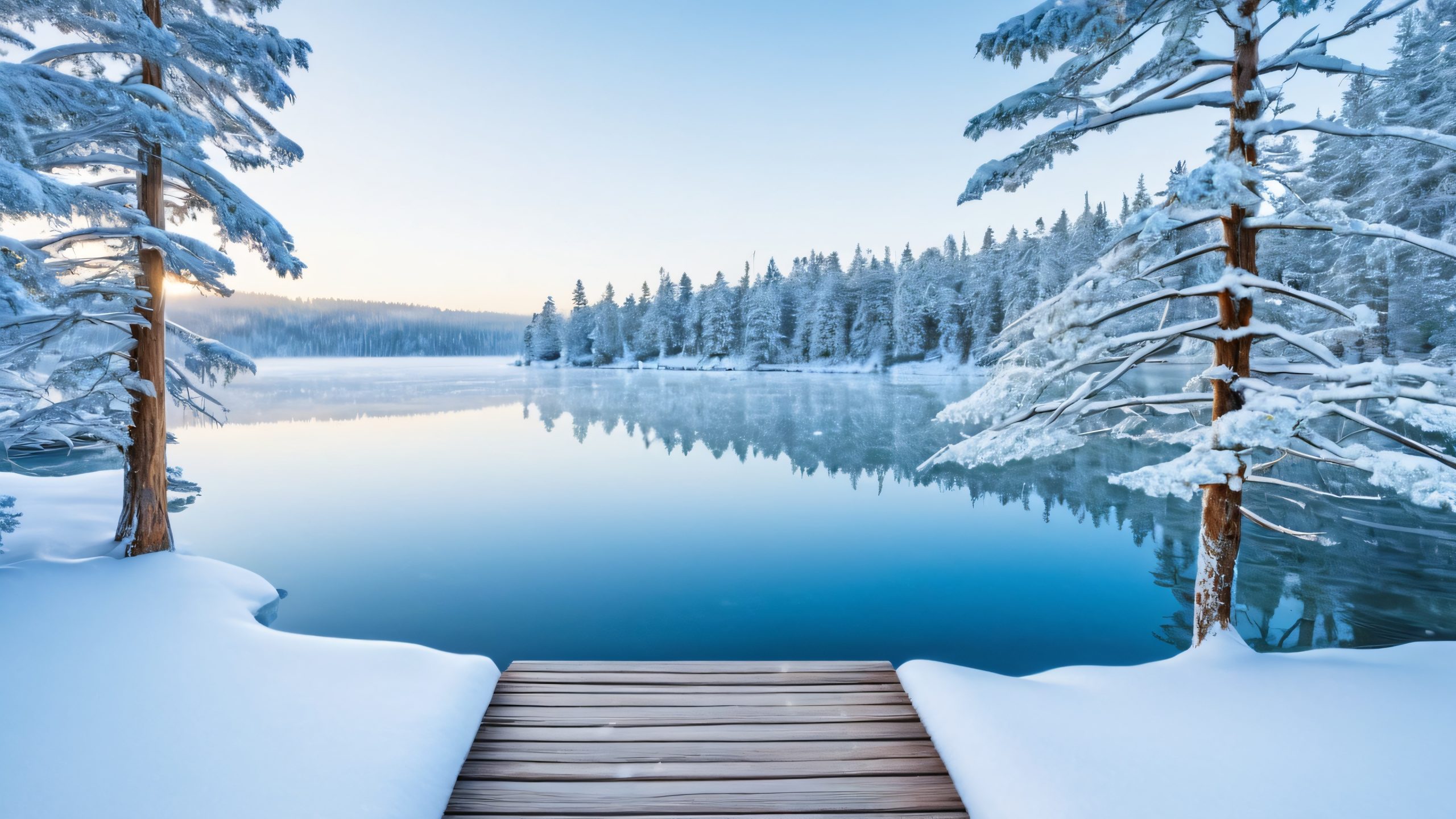 A serene winter dock scene for your desktop/PC, featuring a frozen lake, snow-covered evergreen trees, and a misty veil of winter fog.