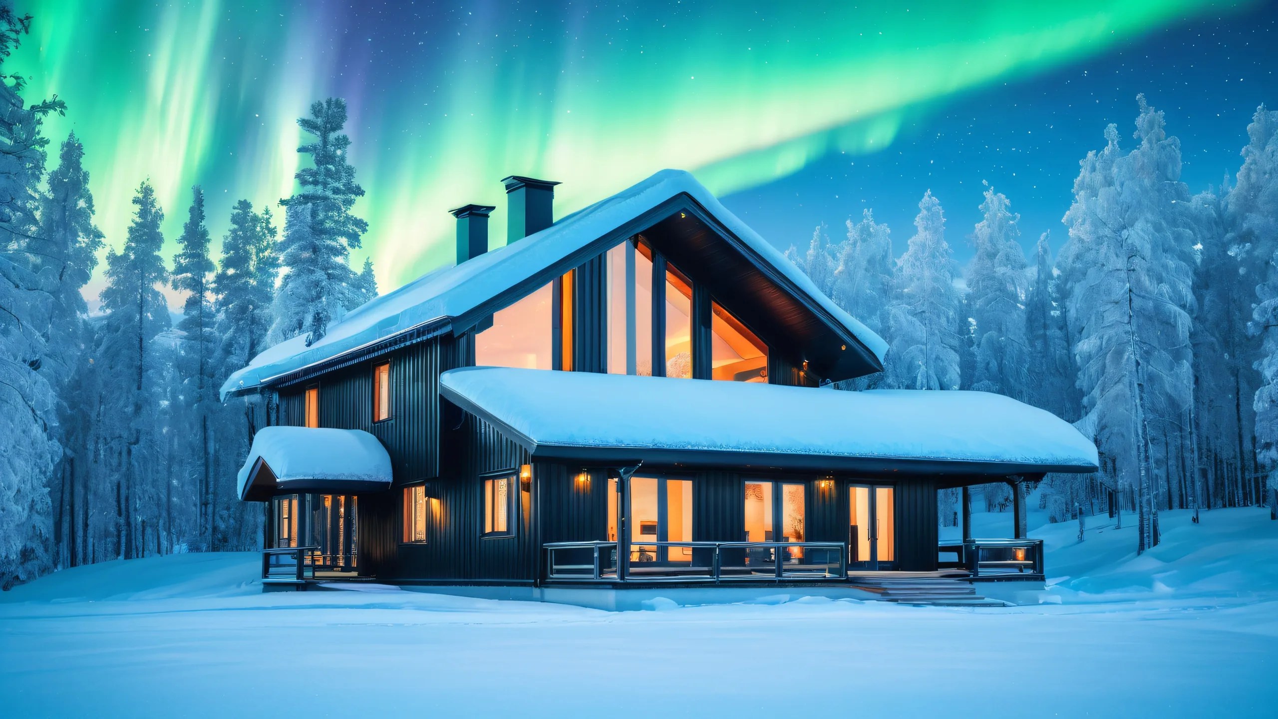 Epic Winter Solace in Kiruna 4K Desktop Wallpaper Majestic black wooden house on a frozen lake amidst snow-covered trees and aurora borealis, perfect for desktop/pc