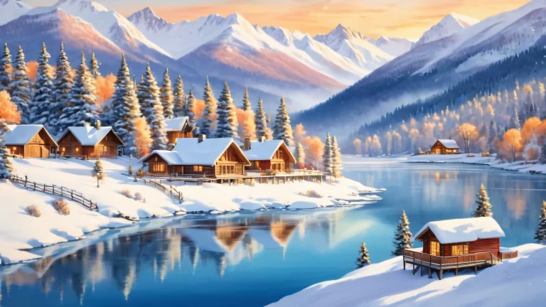 Cabanas aconchegantes e iluminação pública em um lago congelado entre as Montanhas Rochosas cobertas de neve, perfeito para desktop/PC