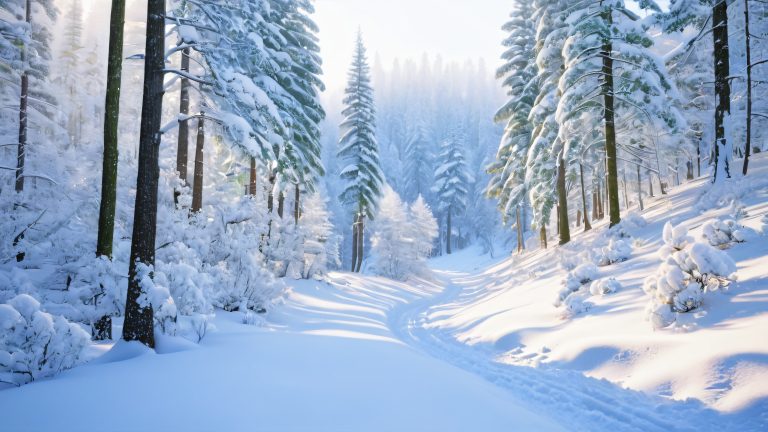fond d'écran 4k du sentier à feuilles persistantes enneigé du pays des merveilles d'hiver à l'échelle