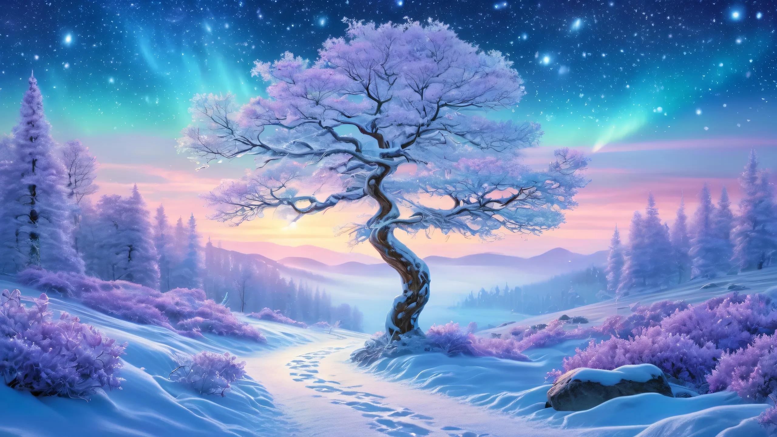 古代の木のシルエットを特徴とする穏やかな冬のワンダーランドのデスクトップ画像輝く氷柱雪に覆われた常緑樹の間の曲がりくねった小道 A serene winter wonderland desktop image featuring ancient tree silhouettes, sparkling icicles, and a winding path through snow-covered evergreen trees, perfect for a PC or Desktop.