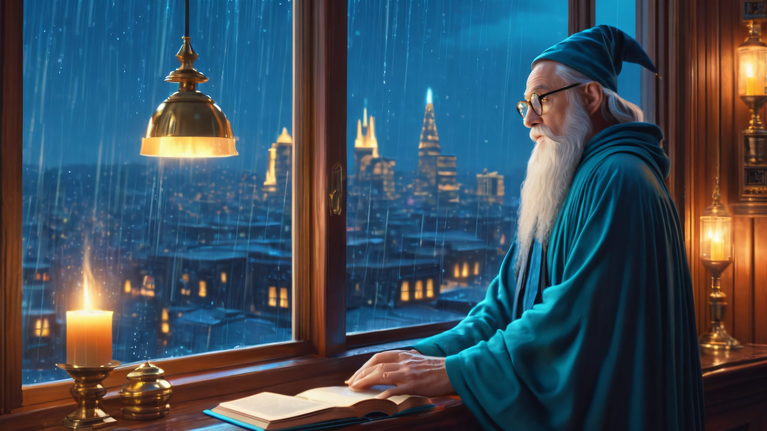 Wizard's Rainy Night 4K UHD Widescreen A bespectacled wizard casting a glowing blue spell in a cozy study with a rain-soaked cityscape outside