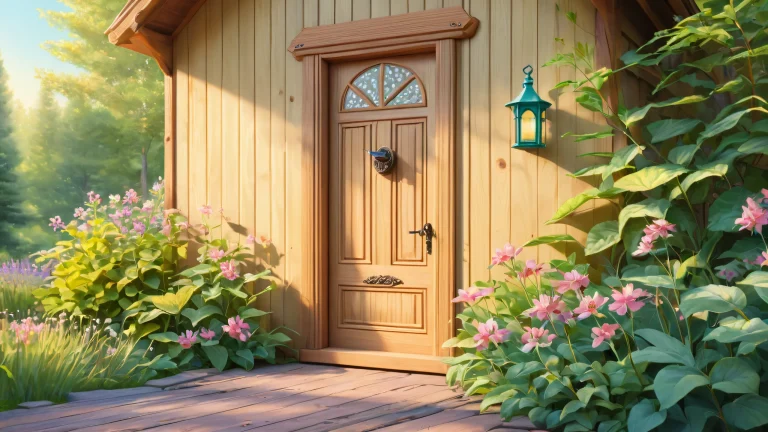 Cozy backyard garden with a wooden dog door adorned with carvings and surrounded by foliage, suitable for desktop/pc use.