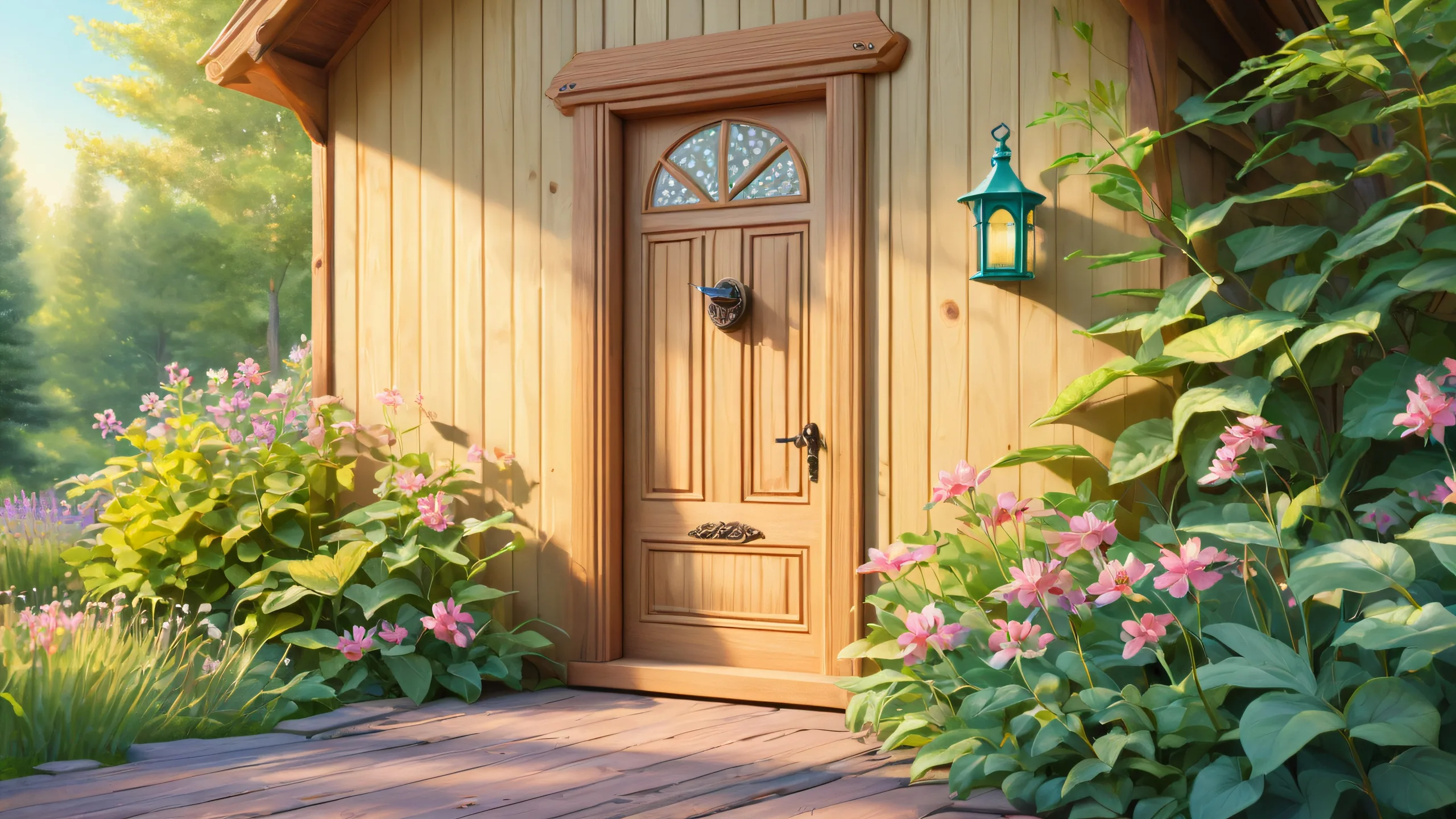 Cozy backyard garden with a wooden dog door adorned with carvings and surrounded by foliage, suitable for desktop/pc use.
