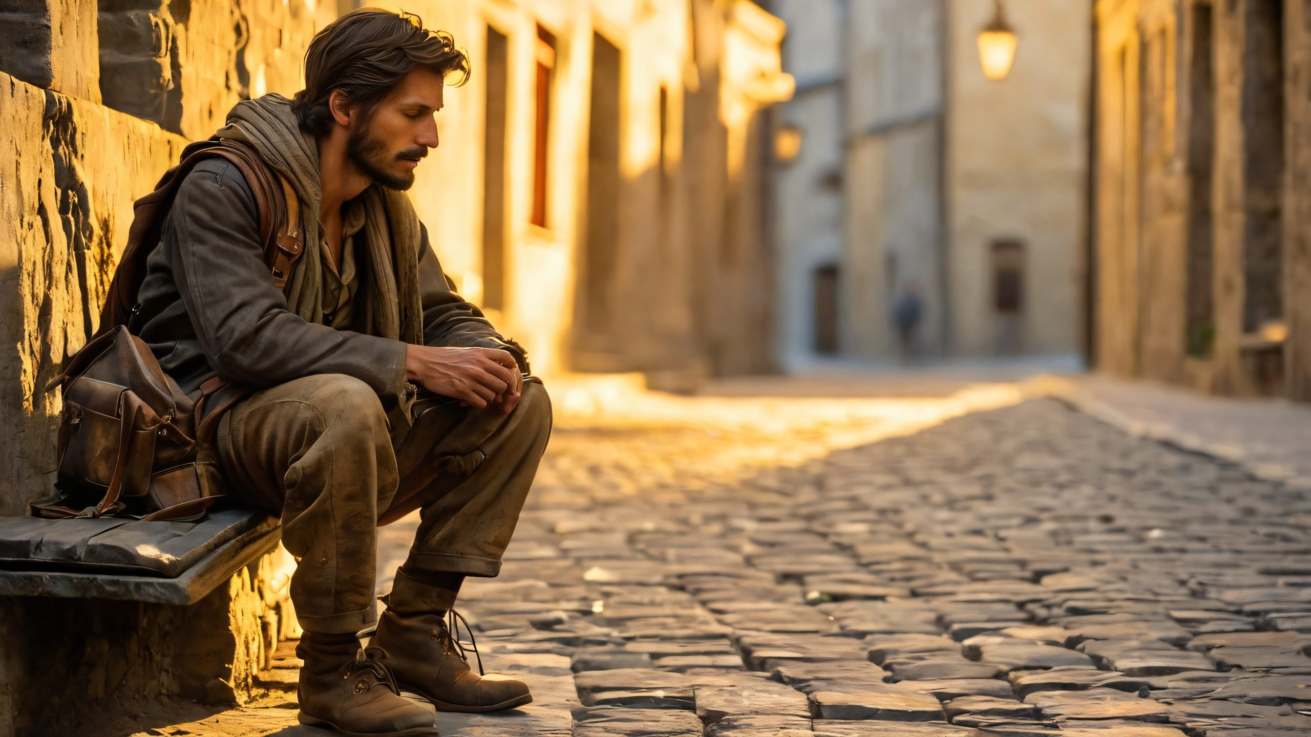 Image of a lone vagrant sitting on a stone bench in a desolate cityscape, with a candlelight casting long shadows. Suitable for desktop PC.