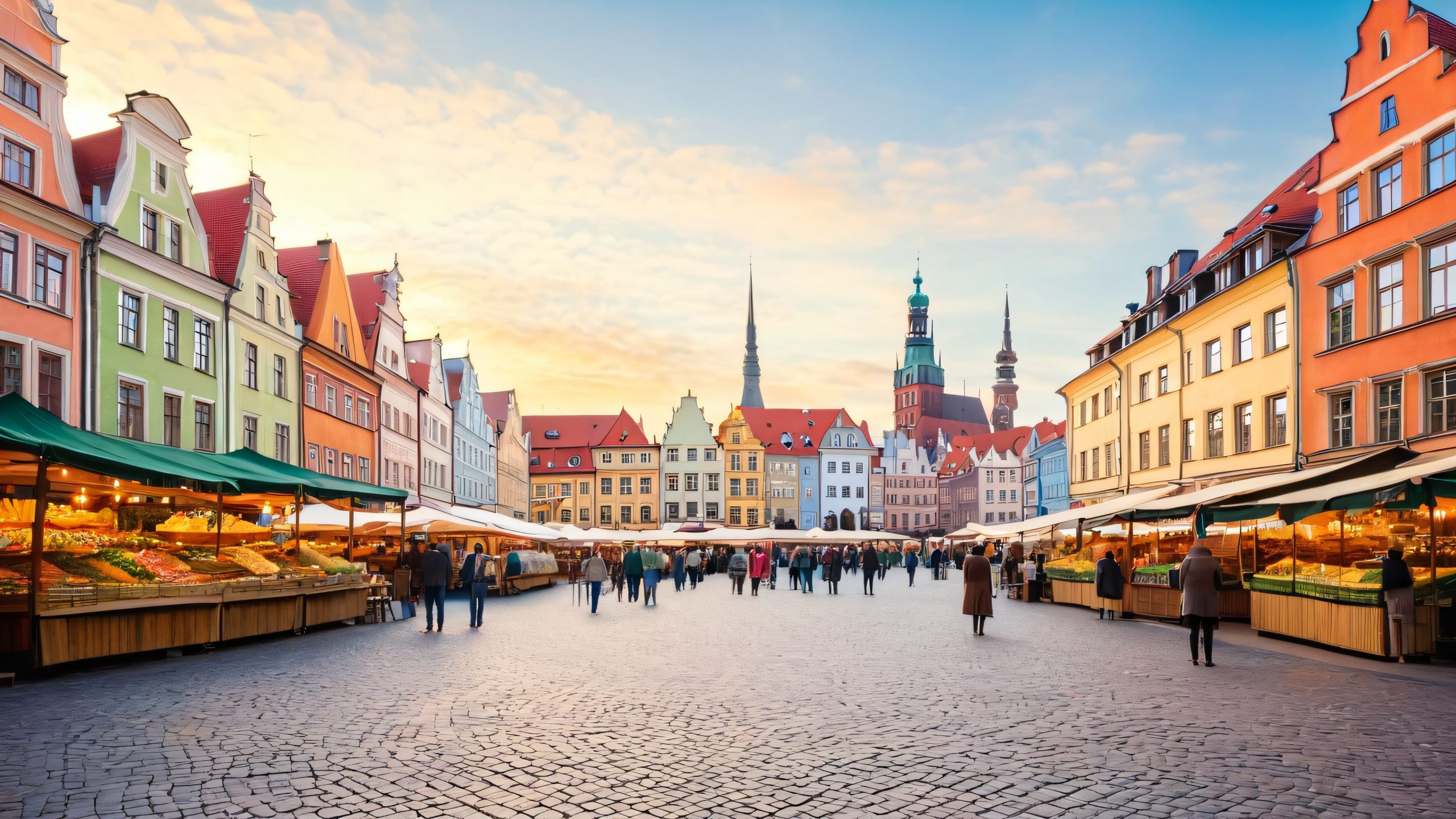 A serene and vibrant 4K desktop wallpaper of Wrocław's Market Square, with historic buildings, ornate bridges, and bustling market stalls, on a misty morning. Suitable for desktop/PC.