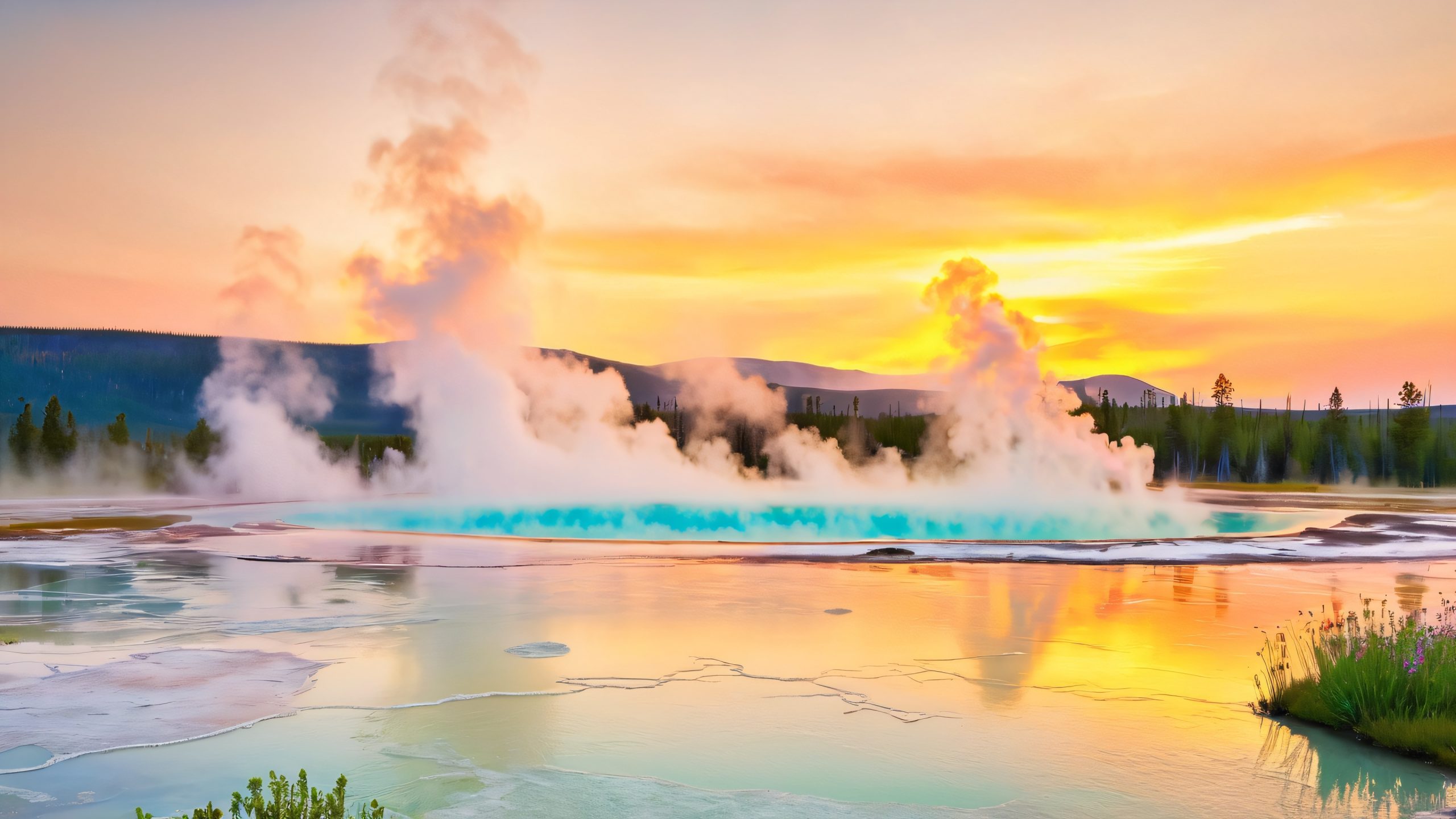 A serene geothermal spring in Yellowstone National Park, with a lone figure in the distance, surrounded by lush greenery and wildflowers, for desktop/pc use.