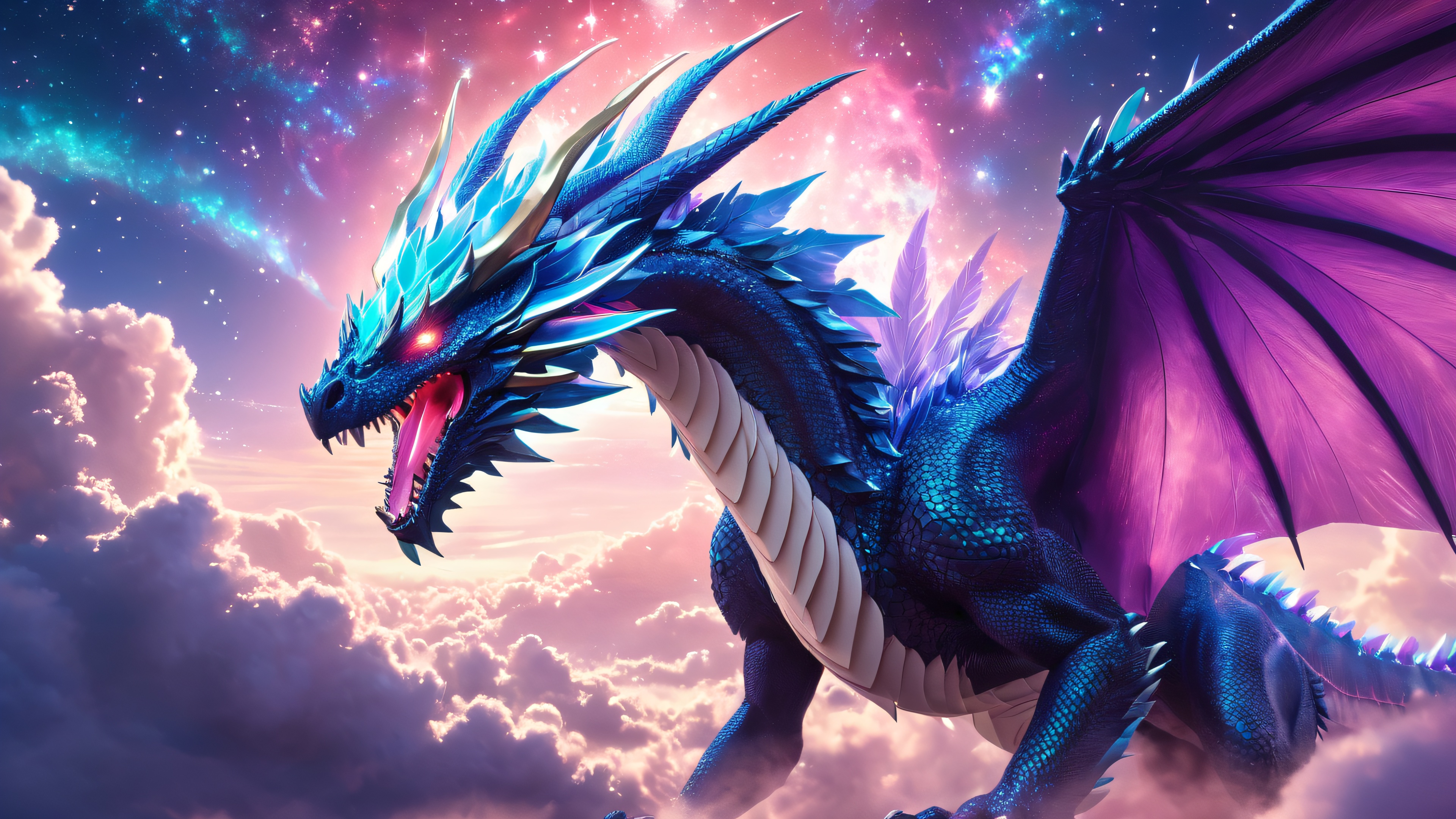 A majestic 4K wallpaper of Yveltal, a dragon-like creature soaring through a celestial expanse amidst swirling clouds and stardust.