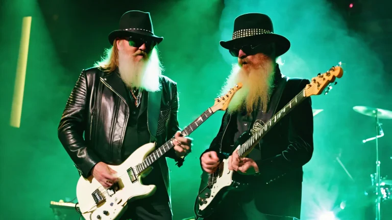 Rock music performance with Billy Gibbons and Dusty Hill on a dimly lit desktop/pc background featuring the iconic 1981 Eliminator tour bus