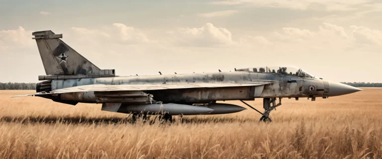 Abandoned fighter jet in a desolate field with wild grasses and a pale sepia-toned sky, suitable for desktop/PC use.