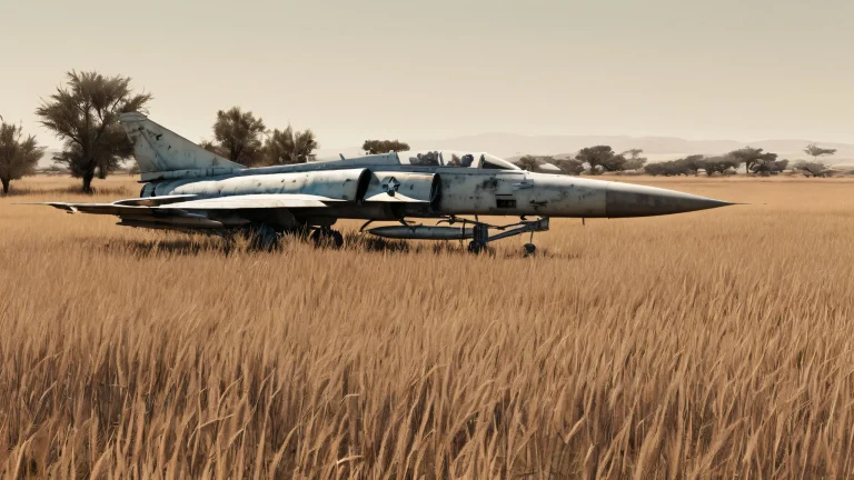 Abandoned fighter jet on a desolate field with overgrown wild grasses and skeletal trees lining the horizon, set against a pale and almost sepia-toned sky, perfect for a desktop/pc background.