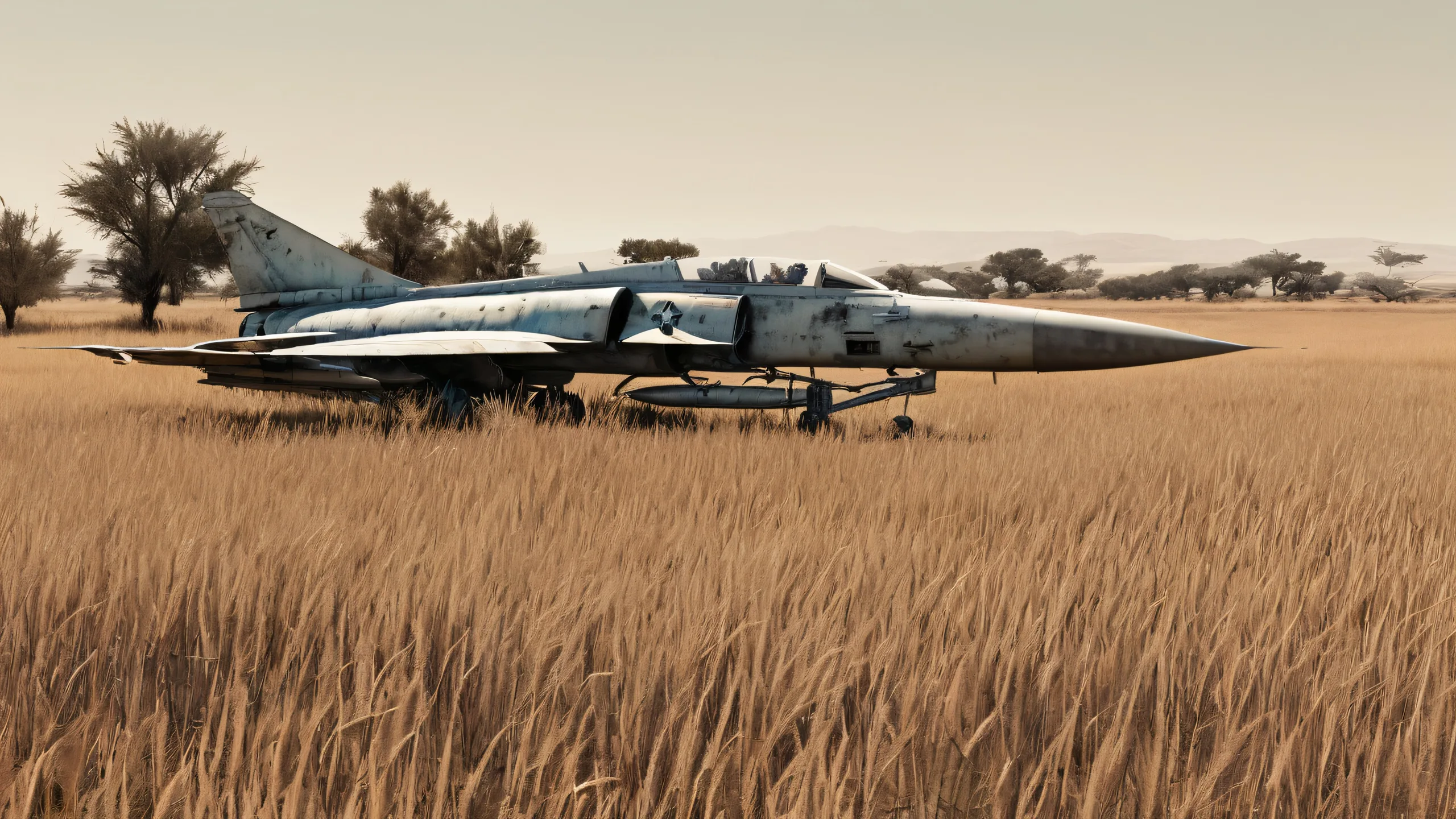 Abandoned fighter jet on a desolate field with overgrown wild grasses and skeletal trees lining the horizon, set against a pale and almost sepia-toned sky, perfect for a desktop/pc background.
