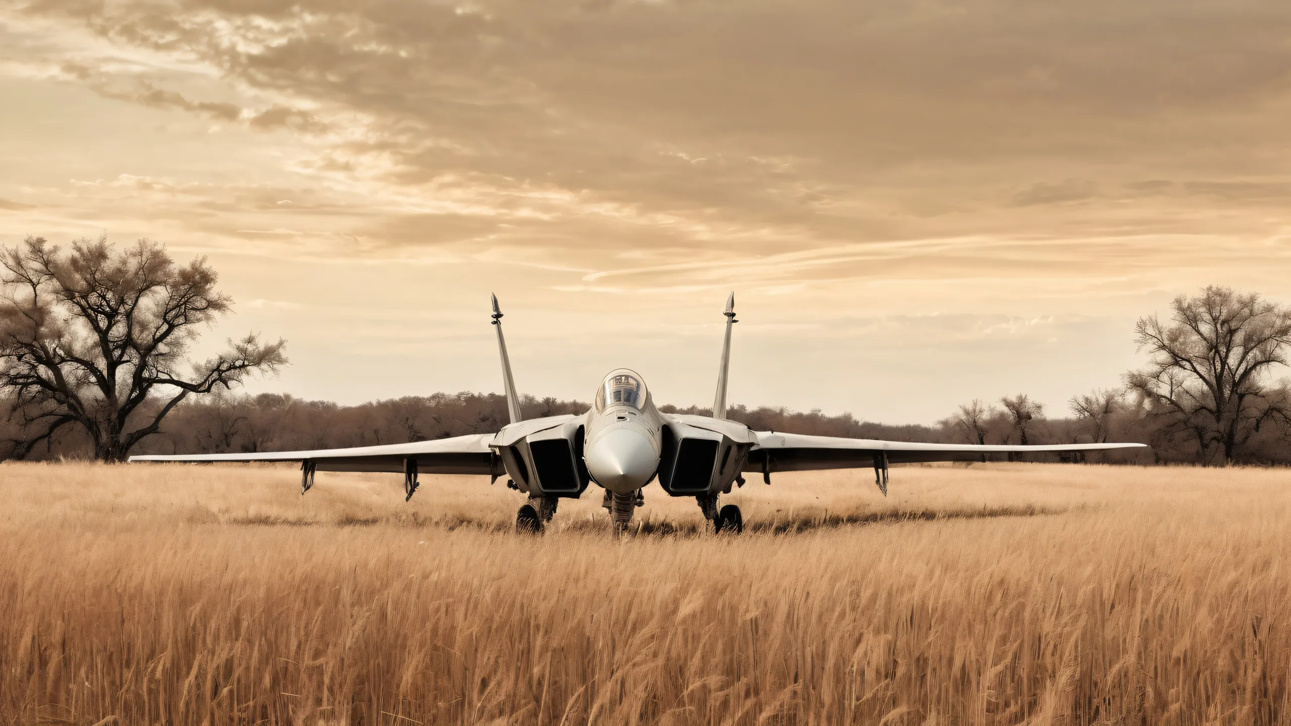 Stunning Abandoned Valor Wallpaper A desolate field with an abandoned F-15 Eagle fighter jet and wild grasses against a pale sepia-toned sky. Desktop/PC.