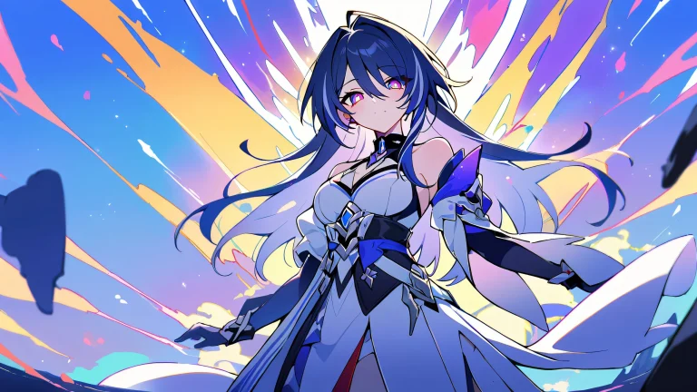 A young woman gazes into the vast, pure void on a perfectly clean and bright desktop/pc background with extreme depth of field and multi-colored hues.