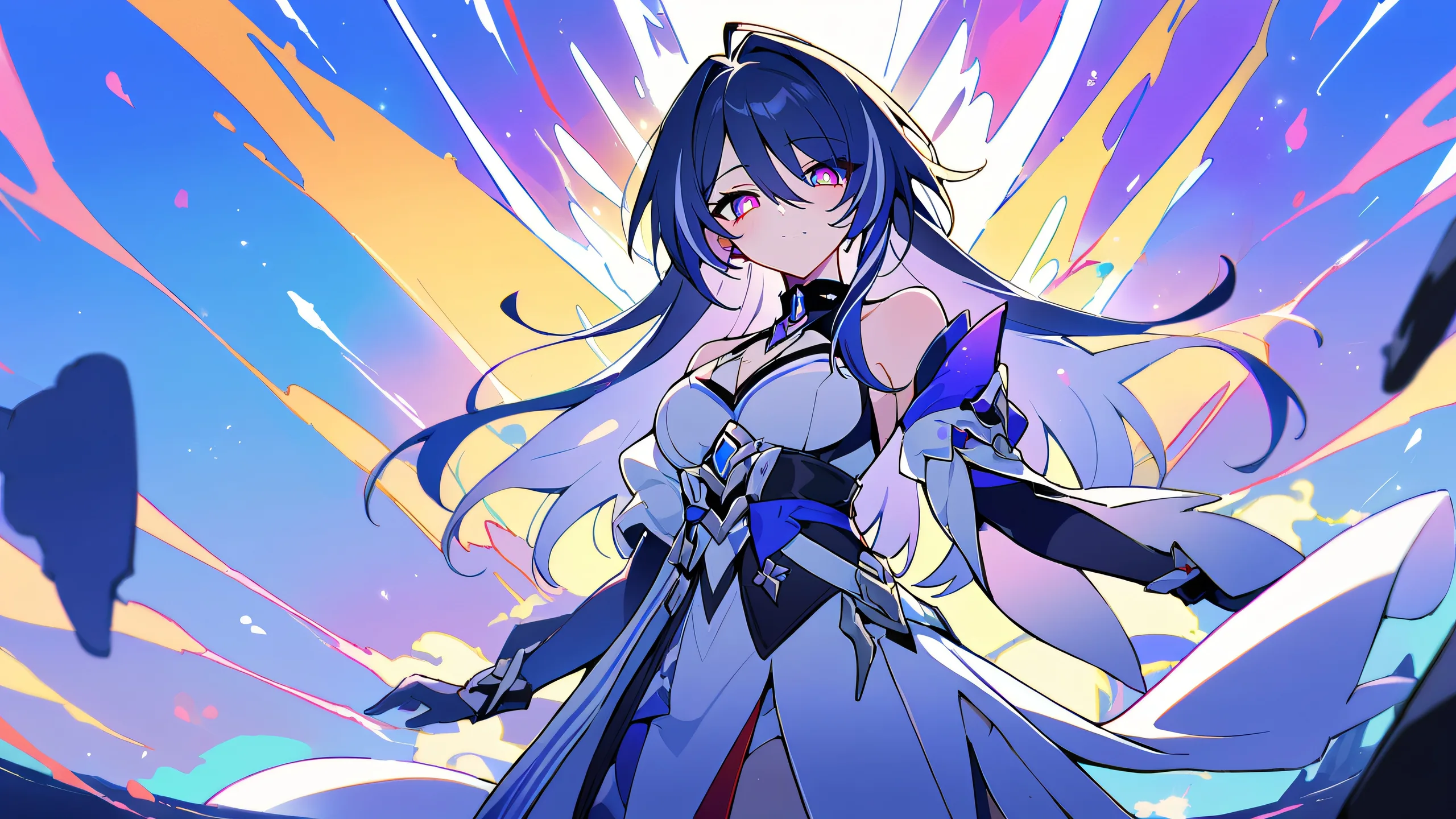 A young woman gazes into the vast, pure void on a perfectly clean and bright desktop/pc background with extreme depth of field and multi-colored hues.