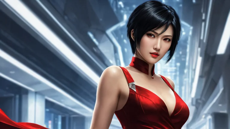 Ada Wong's red dress shines in a darkly lit void on Desktop/PC, with radiant colors and ray traced reflections.