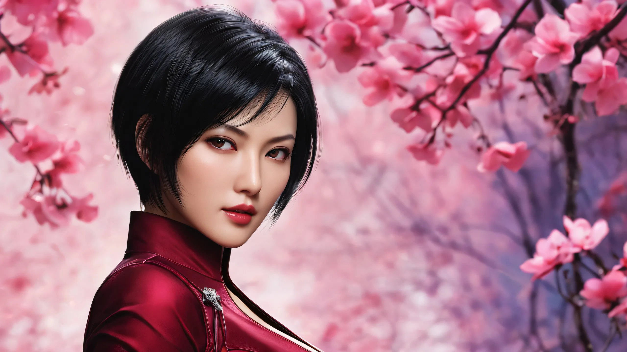 Ada Wong's captivating features on a pristine desktop background with an extreme depth of field, perfect for PC or laptop use.