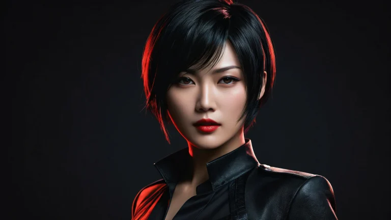 Ada Wong in a striking dark mode desktop scene with a vast pure void and deep depth of field, suitable for Desktop/PC