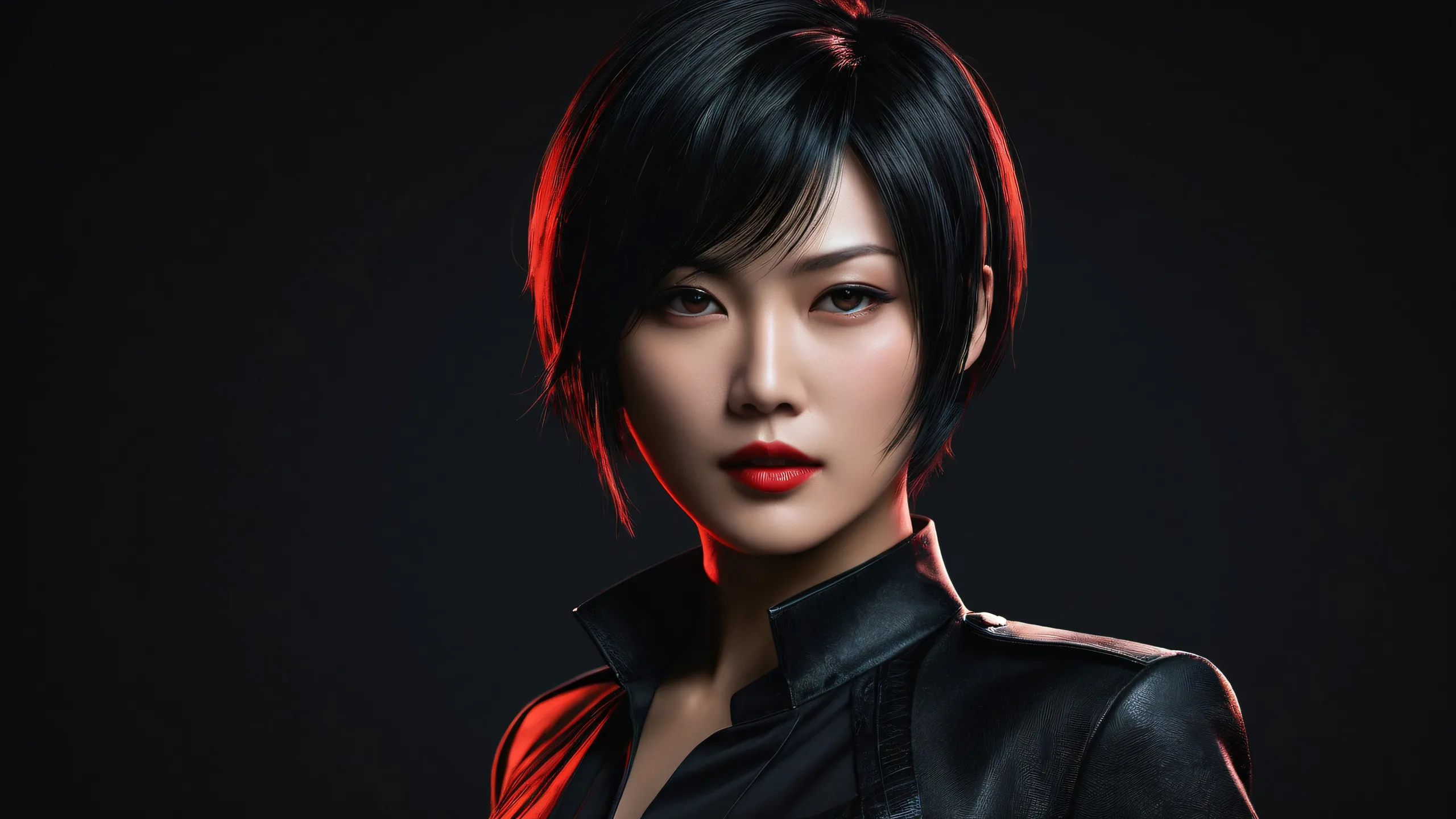 Ada Wong in a striking dark mode desktop scene with a vast pure void and deep depth of field, suitable for Desktop/PC