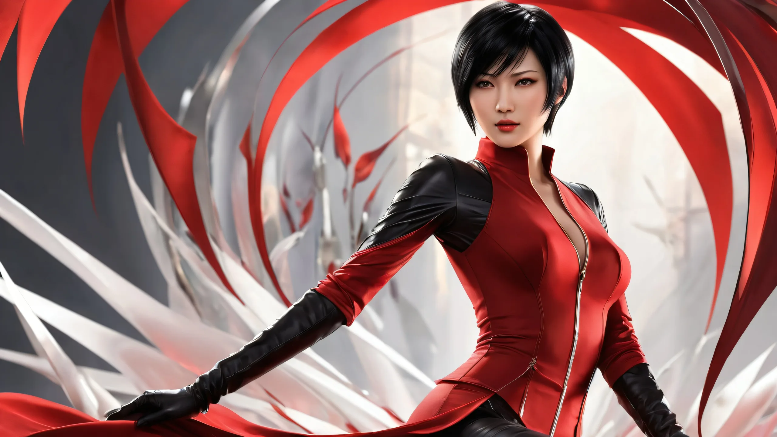 Ada Wong in a vast pure void with extreme depth of field and atmospheric lighting on a Desktop/PC.