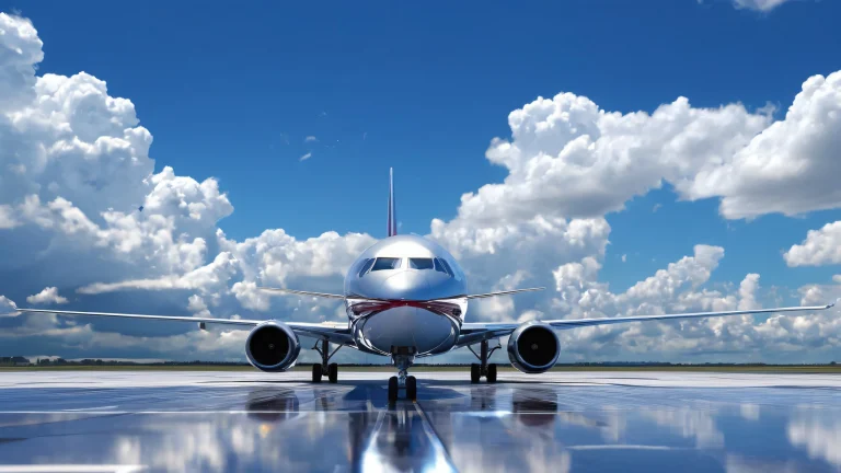 Desktop/PC wallpaper of aircraft on a wet runway with white cumulus clouds and blue sky