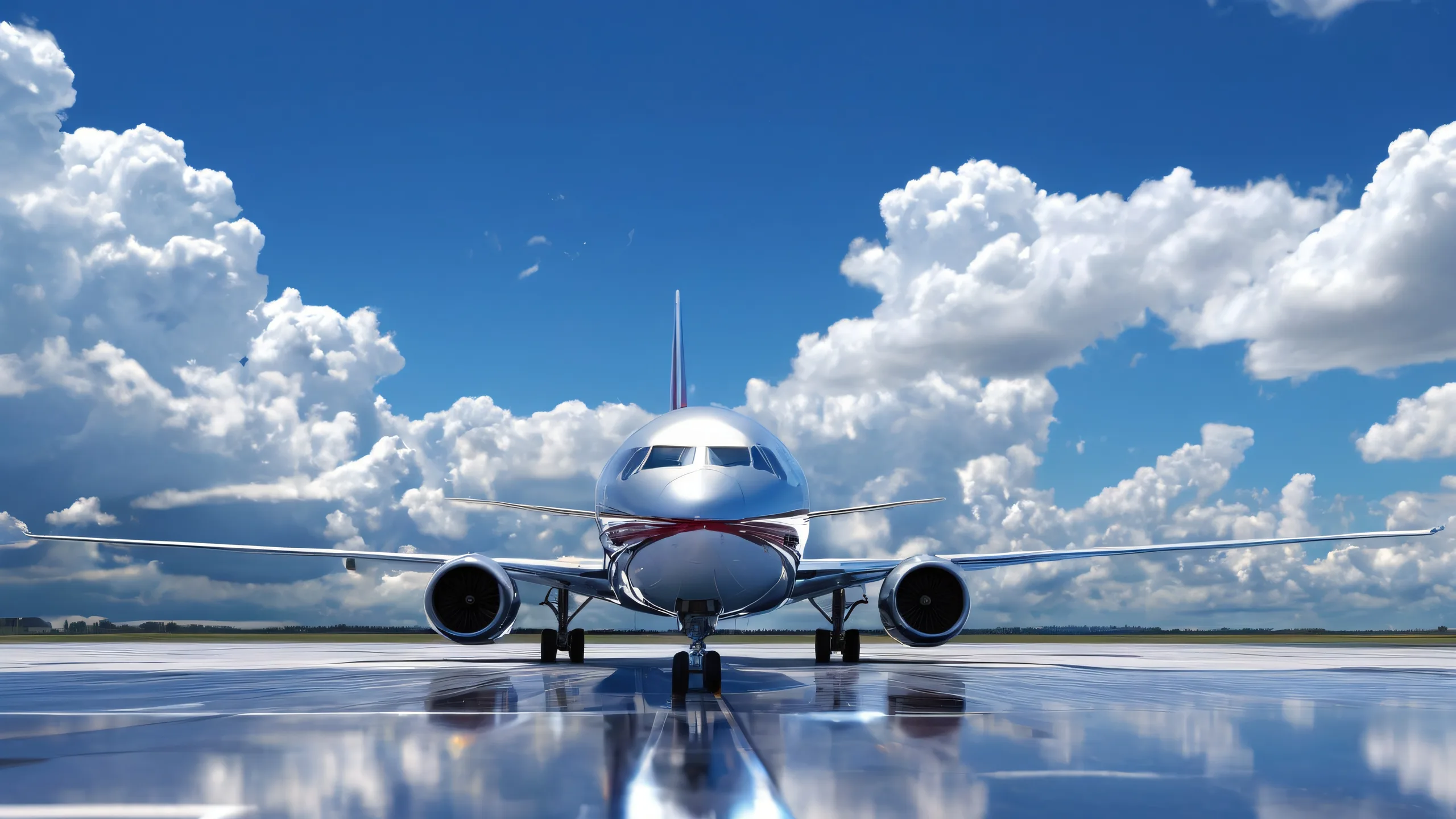 Desktop/PC wallpaper of aircraft on a wet runway with white cumulus clouds and blue sky