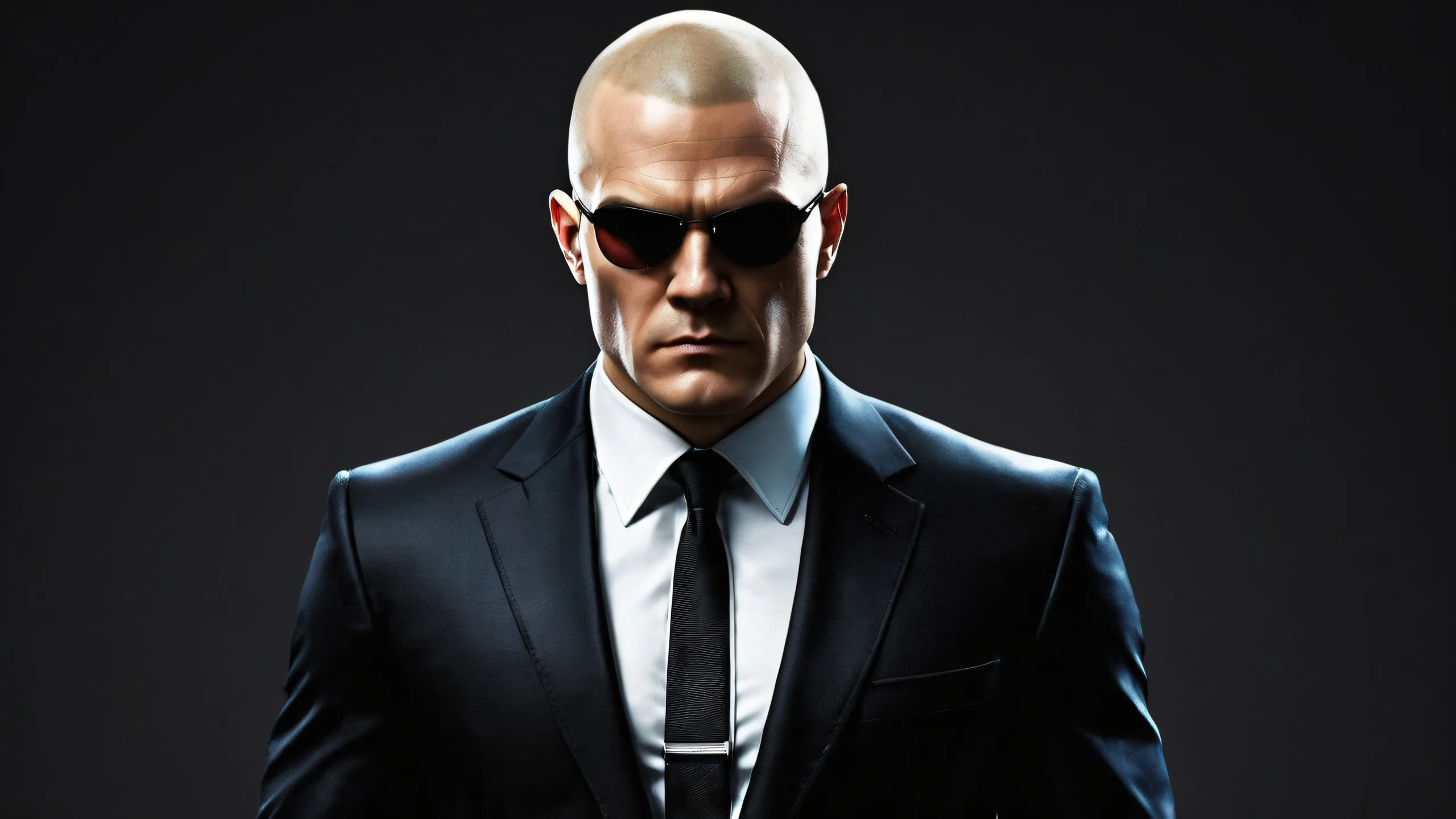 A beautifully rendered desktop wallpaper of Agent 47 against a darkened pure void background, emphasizing his presence on a Desktop/PC.