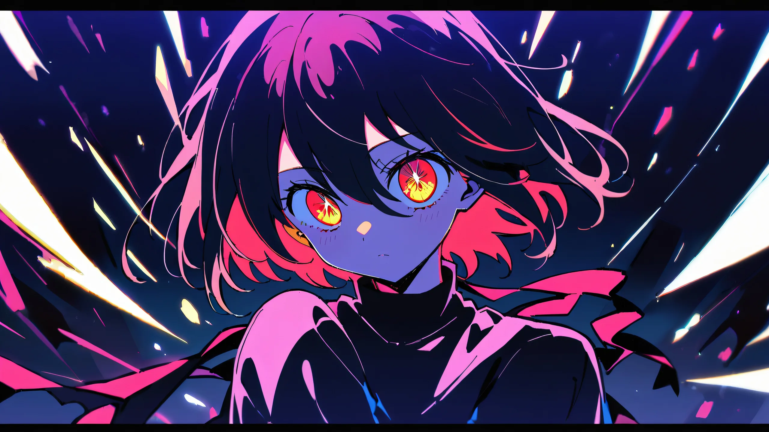 A futuristic anime-inspired desktop background featuring Ai Hoshino looking directly at the viewer against a vast, pure void with blues and whites as the dominant palette, creating an elegant night scene with glowing lights and dramatic shadows for a PC or Desktop.