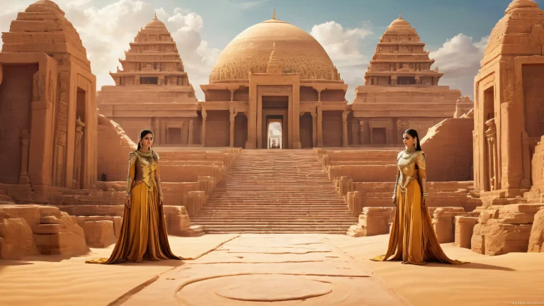 A stunning desktop wallpaper of Alia Atreides on a pure void background, with temple steps and throne in the distance. Perfect for your Desktop/PC.