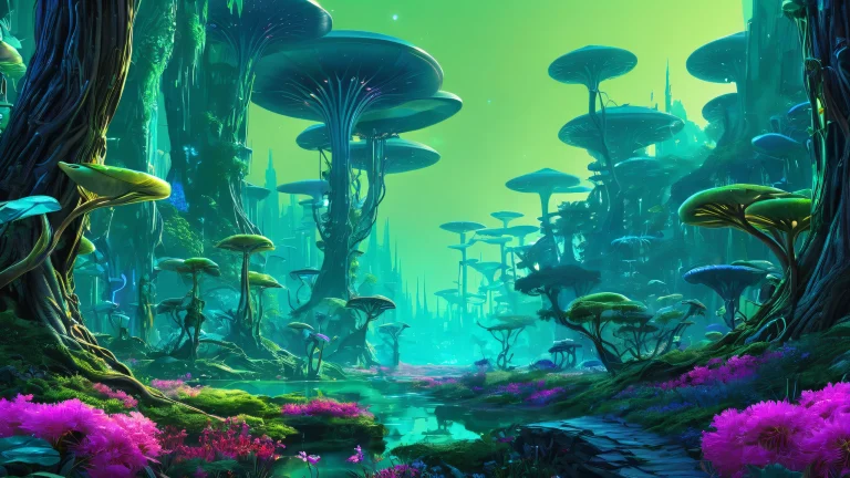 A futuristic desktop wallpaper of an alien forest with a sense of surrealism, featuring macrophotography-inspired details and ethereal lighting on a clean void background suitable for Desktop/PC