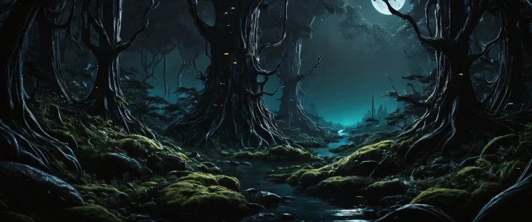 Desktop/PC wallpaper featuring an alien forest landscape with deep blacks and luminescent accents.