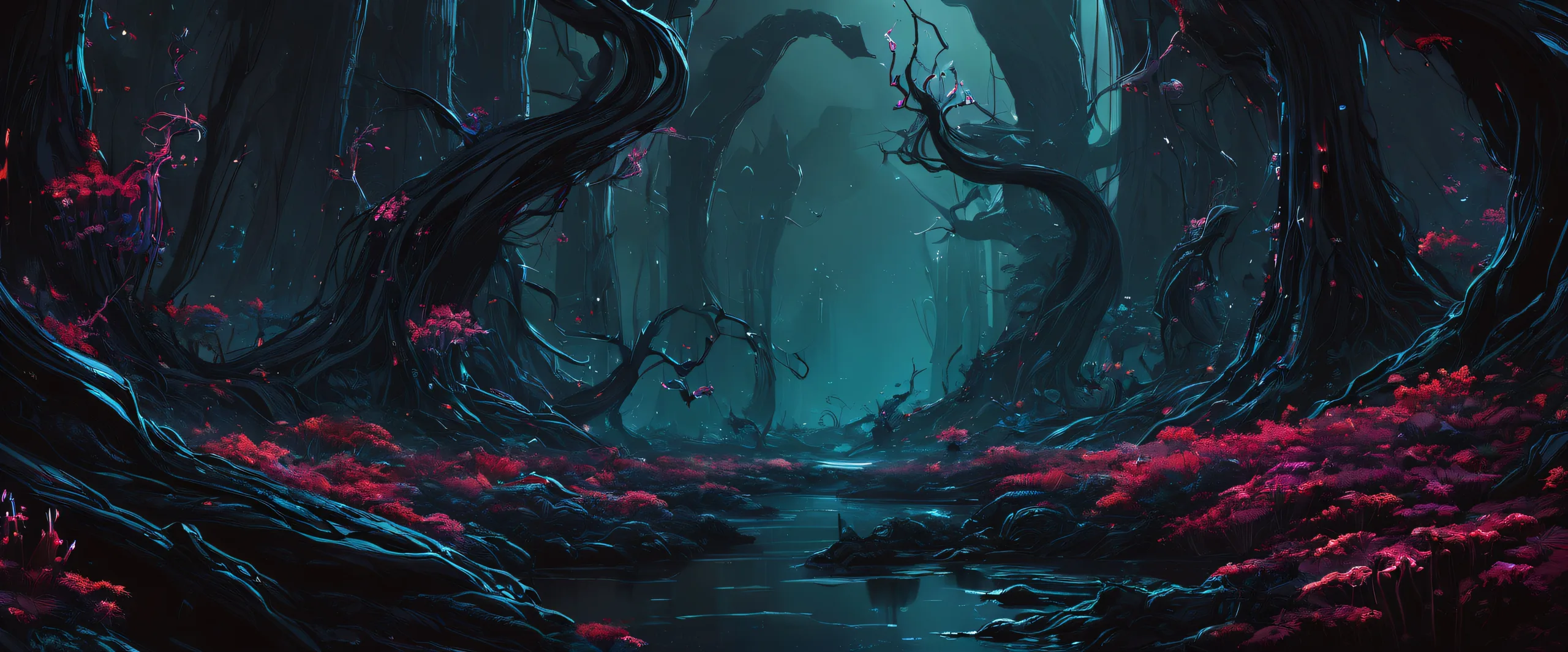 Ethereal Alien Vistas Aesthetic PC Wallpaper A breathtaking desktop image of an alien forest on a dark mode background for PC or Desktop use.