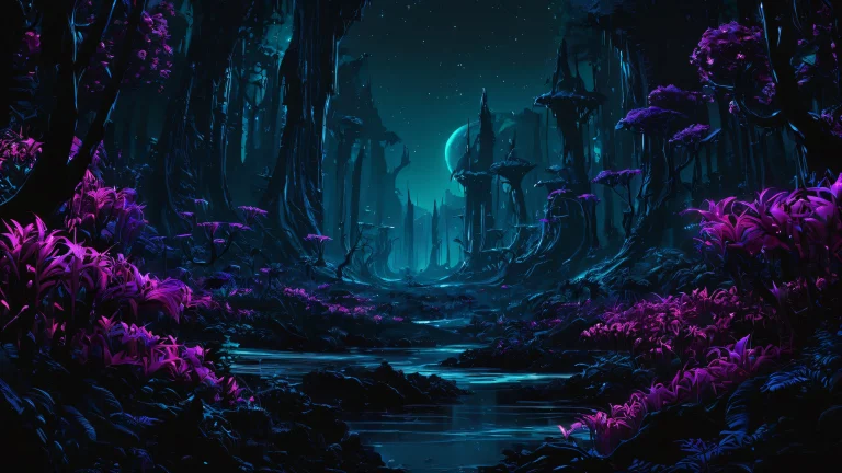 A serene and breathtaking desktop wallpaper of an alien forest, PCやデスクトップに最適. This surreal landscape features biotech fantasy elements, macrophotography-inspired visuals, and a sleek dark mode aesthetic.