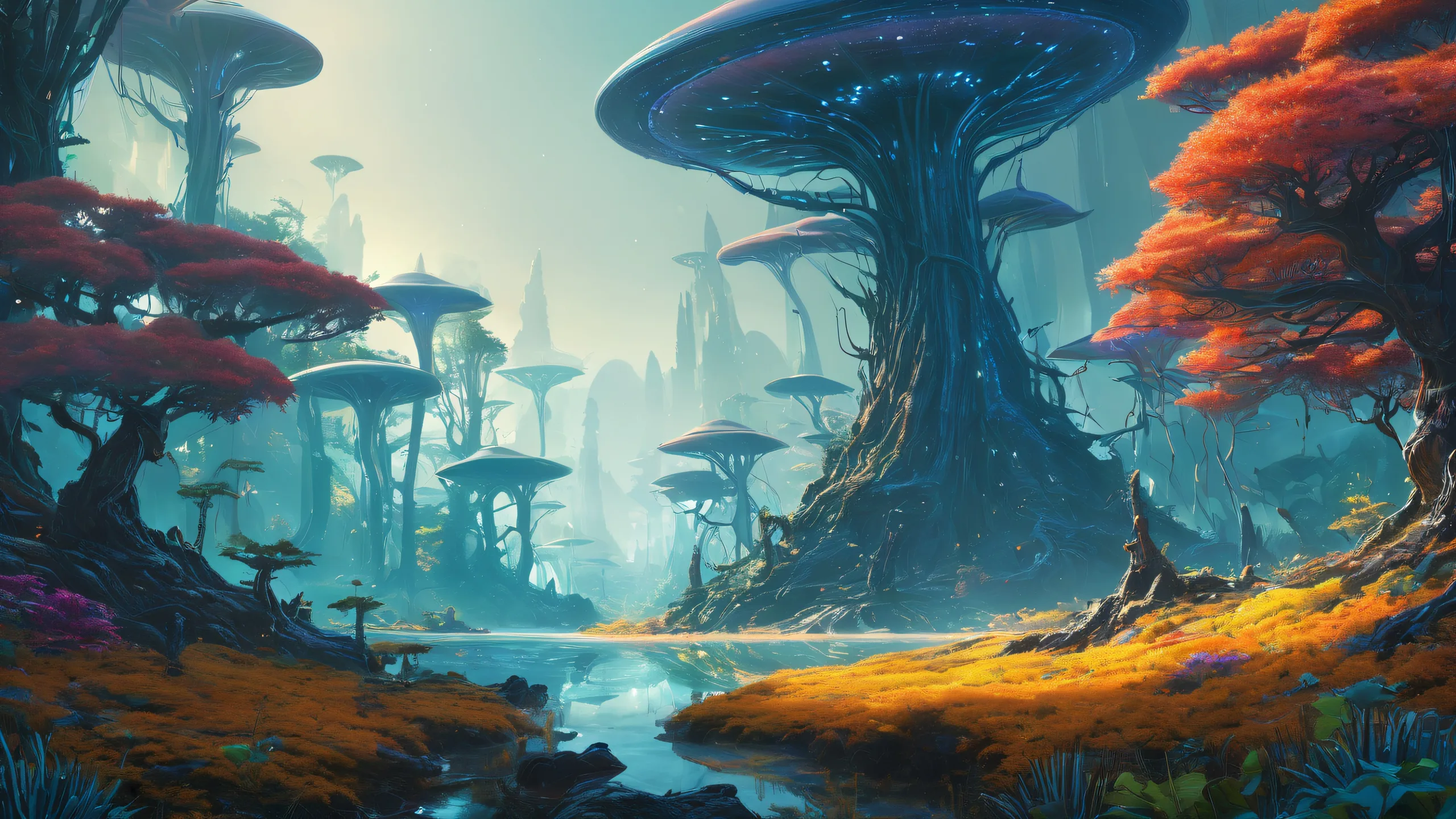 A surreal desktop background of an alien forest with a deep void, perfect for your PC or Desktop.